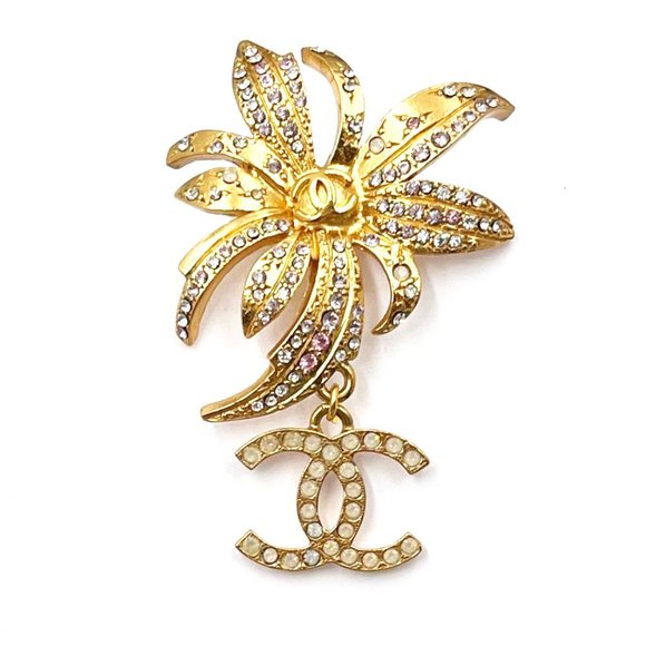 Chanel Vintage Gold Plated Flower CC Dangle Crystal Pin - Picture 1 of 4